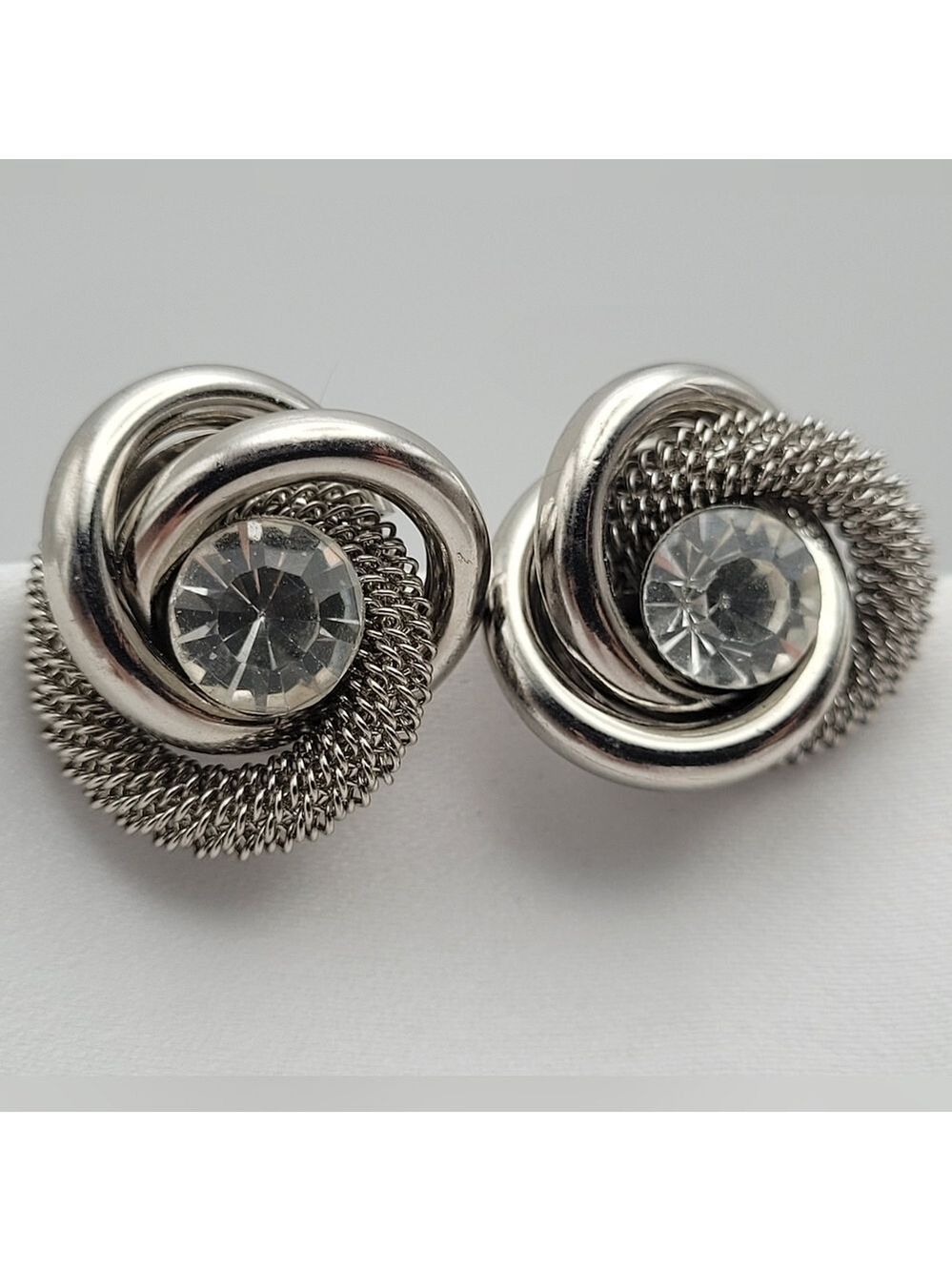 ✨2/$10✨ Twisted Silver Earrings Clear Crystal Round Oval Mesh - Picture 7 of 9